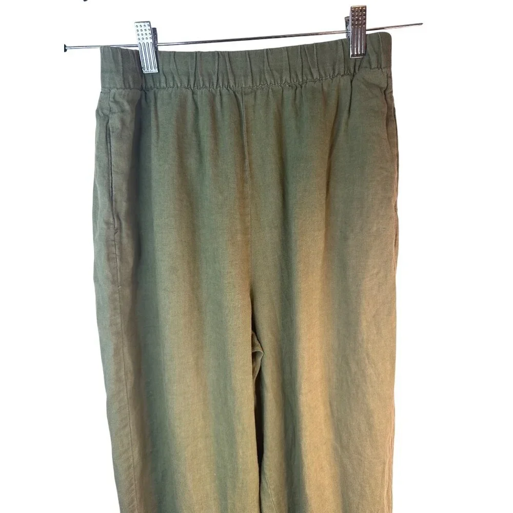 ZARA Womens Small Olive Green Linen Pants Elastic Waist Relaxed Fit